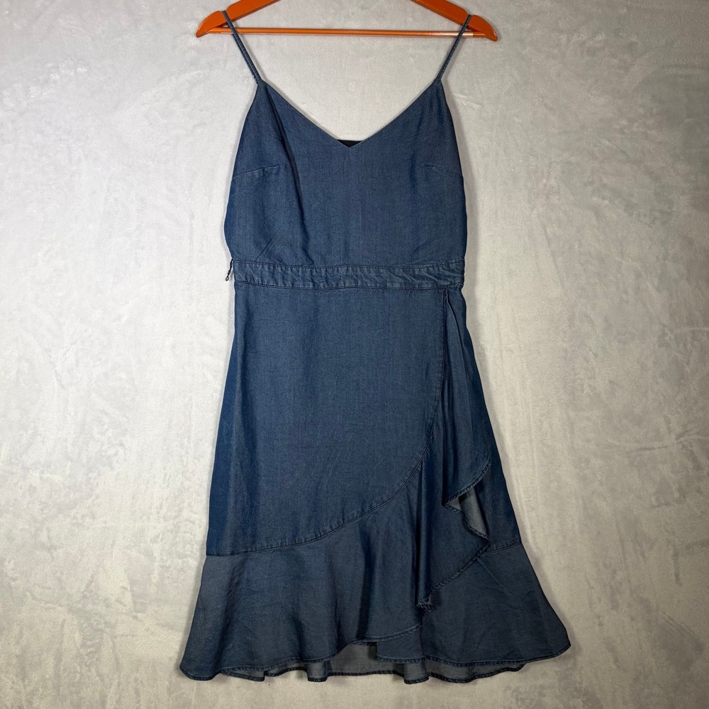 Banana Republic Wrap Dress Size 2 Blue Lyocell Chambray Ruffle Sleeveless V-Neck